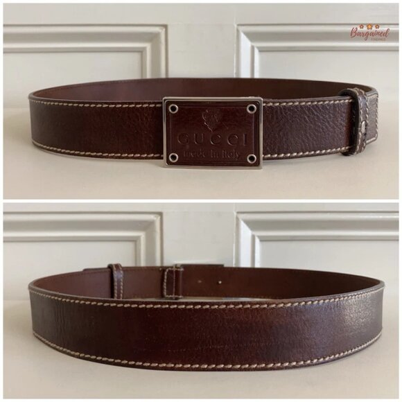 Authentic Gucci Brown Leather Crest Logo Plaque Men's Buckle Belt Size 90/36 - Picture 5 of 13